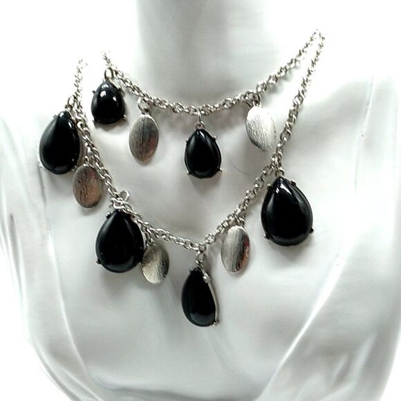 Synthetic Black Cabochon & Silver-tone Double Strand Necklace 16-19" NWOT - Picture 2 of 12